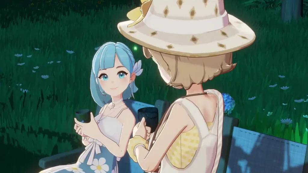 A couple in Starseed Island, one stood with her back to the screen wearing all yellow with blond hair, the other sat in the chair looking up at her with blue hair and clothes. They're in the garden at night surrounded by plants, grass, and fireflies.
