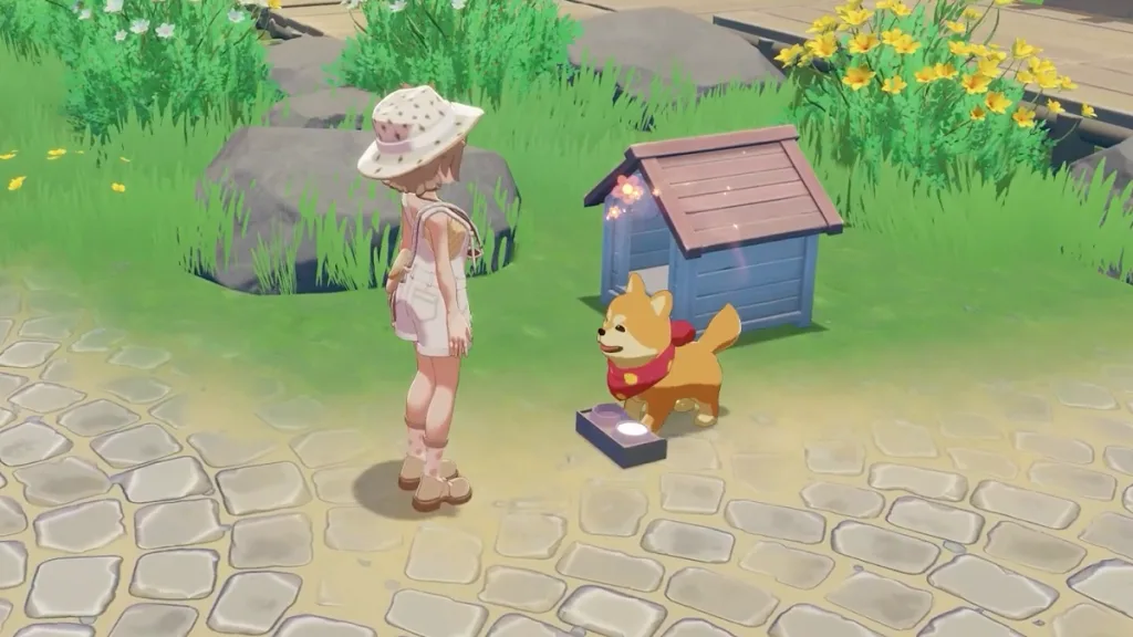 A farmer talking to her dog, an orange shiba inu wearing a red spotty bandana. She's at her bowl in front of her dog house. They're both in the garden. The farmer is wearing dungarees with shorts and a bucket hat.