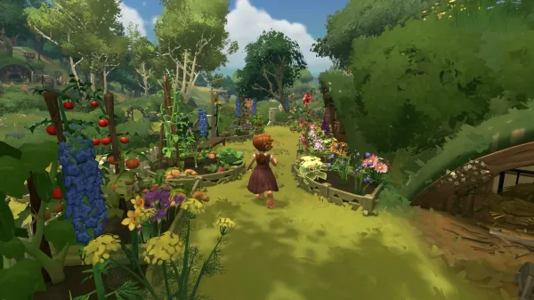 A Hobbit in Tales of the Shire running through Bywater surrounded by plants, greenery, and a hobbit hole.