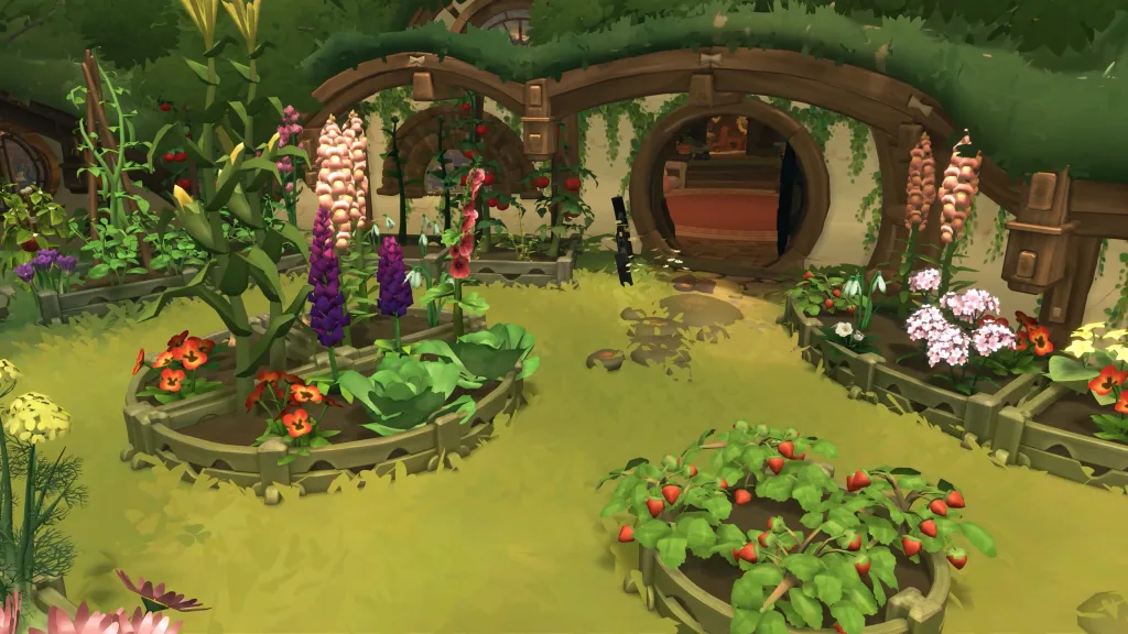 A green garden full of plants and fruit outside of a hobbit hole in Tales of the Shire. You can see strawberries, pansies foxgloves, corn, cherries, and other plants.