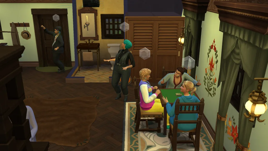 A busy pub in Ravenwood in The Sims 4 with loads of Sims hanging out. Two are dancing while three play a board game at a table. The room is shades of green and brown.
