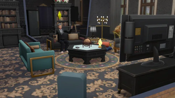 An Elder Johnny Zest playing video games in the manor in Ravenwood. The room is decorated with teal, black, and gold gothic furniture. He's wearing a tux.