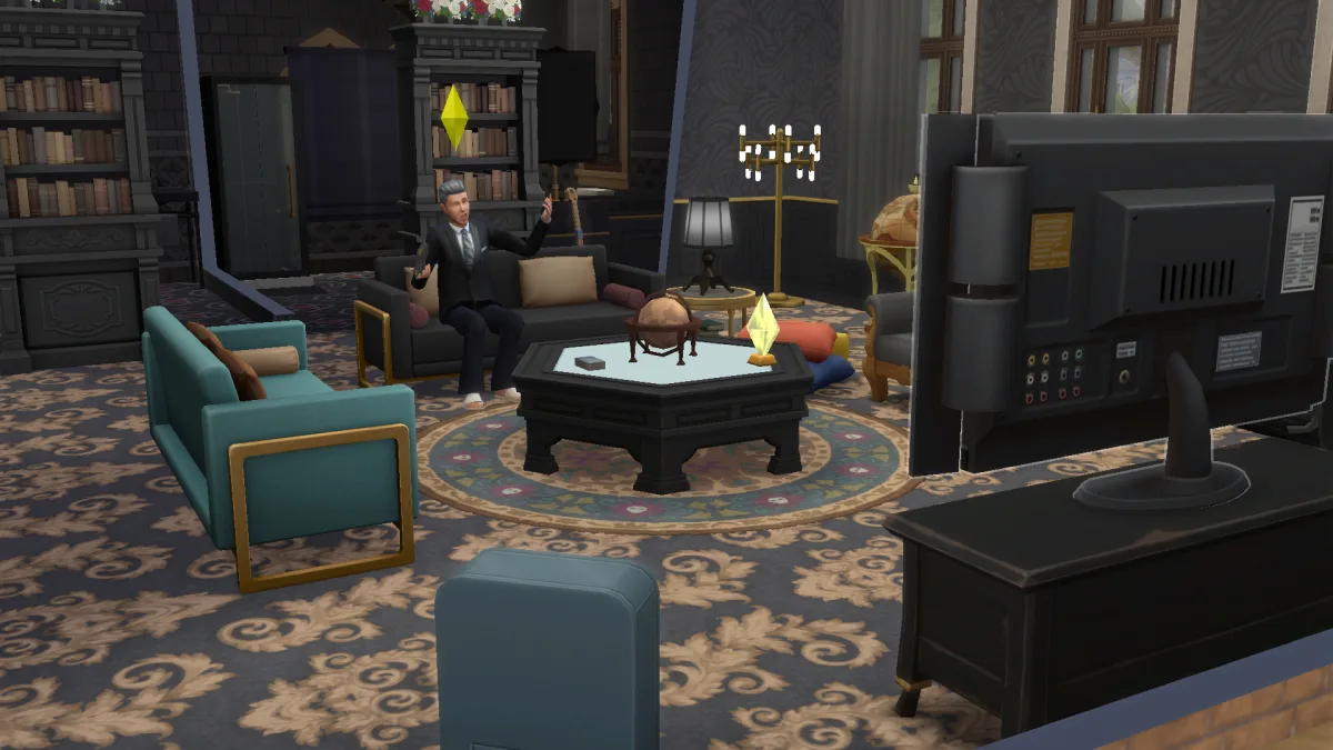 An Elder Johnny Zest playing video games in the manor in Ravenwood. The room is decorated with teal, black, and gold gothic furniture. He's wearing a tux.