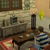 Two Sims playing a video game on a console surrounded by The Sims merchandising. It's a pink and white cottage.
