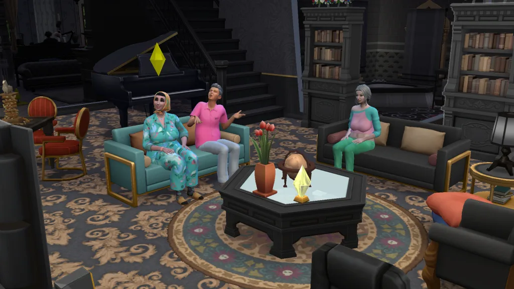 Three Sims watching TV in a cluttered, gothic, dark living room. One looks happy at the screen, another looks confused and complains, while the third looks blank. Two are elders, with one being Johnny Zest.