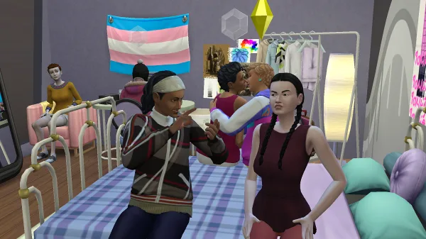 A busy bedroom full of Sims talking, hanging out, playing on the PC, and arguing.