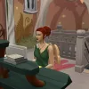 Titania Summerdream sat at a PC in her ornate manor at Puckitt Hall in The Sims 4. She's a fairy Sim with red hair, and a green dress, in a pink and green room.