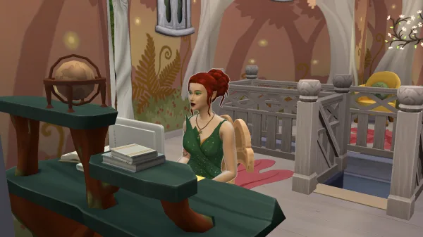 Titania Summerdream sat at a PC in her ornate manor at Puckitt Hall in The Sims 4. She's a fairy Sim with red hair, and a green dress, in a pink and green room.