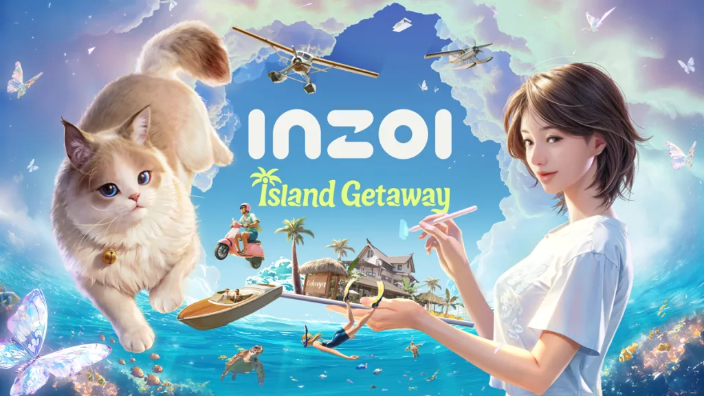 A young woman holds a paint palette with an island on it, a cat is in the air next to her.
