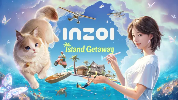 A young woman holds a paint palette with an island on it, a cat is in the air next to her.
