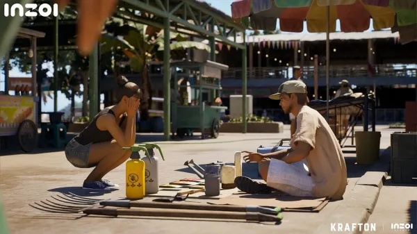 An image of a tropical street, a man is sitting cross-legged selling items and a woman is squatting across from him to enquire.