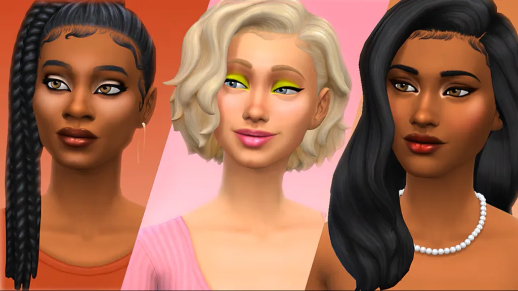 A triptych of three people with differing hair and skin tones sporting fashionable makeup.
