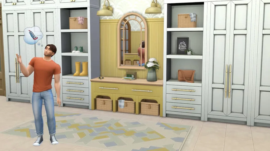 A man in a rather stark mud room thinking of a hoover in The Sims 45 style.