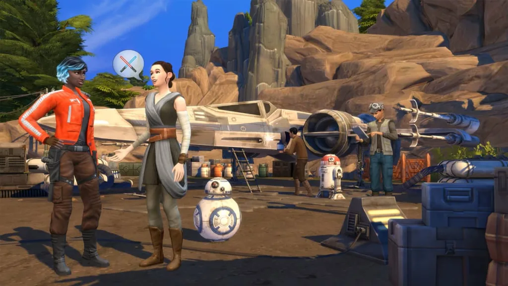 A screenshot set in the Sims 4 showing a dark-skinned woman in an orange bomber jacket with blue and brown gradient hair talking to a pale, brown-haired woman in a gray outfit resembling Rey from Star Wars. An X-wing starfighter is in the background.