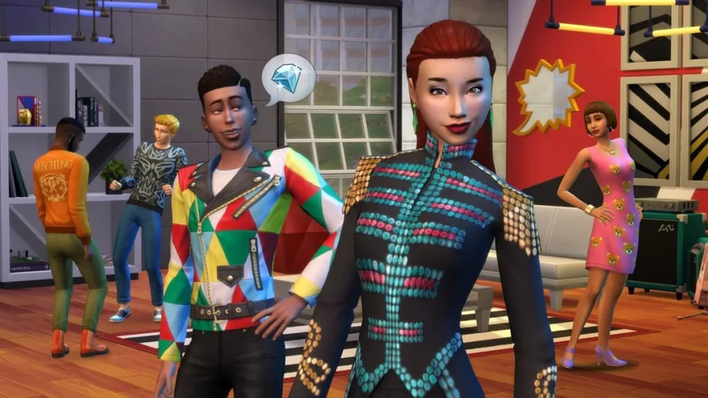 A dark-skinned man and pale red-haired woman in The Sims stand in a studio apartment, boasting colourful and unusual clothing from the brand Moschino. There are other people in the background sporting similar but less ostentatious looks.