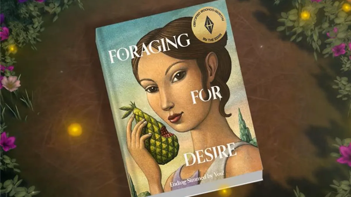 The cover of a novel called 'foraging for desire' with the badge 'certified woohoo-worthy'.