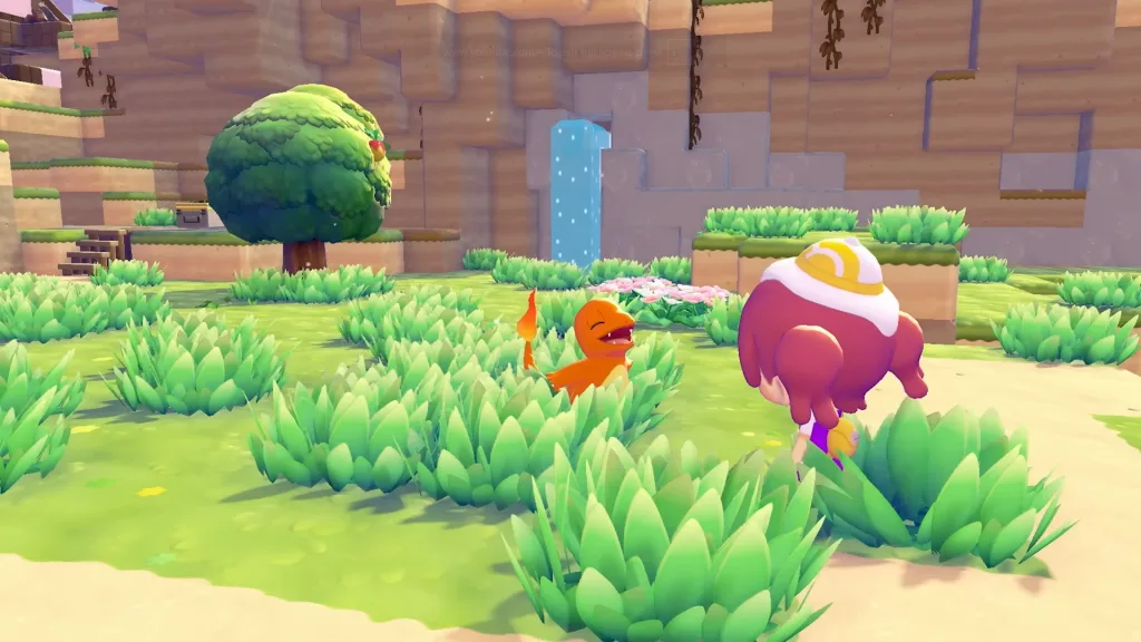 Charmander jumping out of tall grass to roar at a Ditto disguised as a human in Pokopia, surrounded by cliffs and trees.