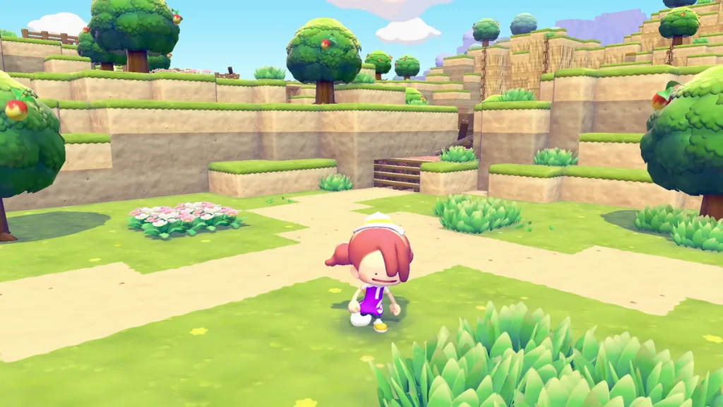 A Ditto disguised as a human walking through a square field in Pokopia.