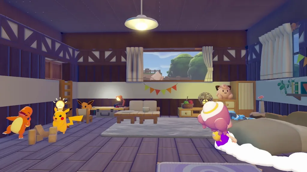 A secret base in Pokopia with a Ditto moving furniture, charmander walking around, pikachu talking, eevee in the back, and a clefairy doll on the side.