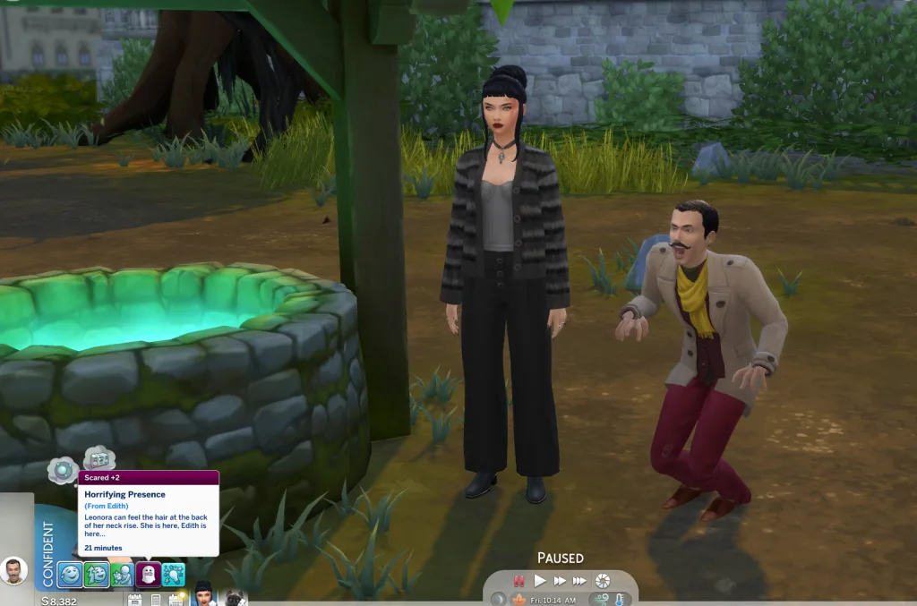 A Sim glitched out and doing a creepy walk around a glowing well in Ravenwood in The Sims 4: Life & Death. One gothic Sim looks unhappy while the glitched  Sim screams. The Sim has the Horrifying Presence (From Edith) moodlet.