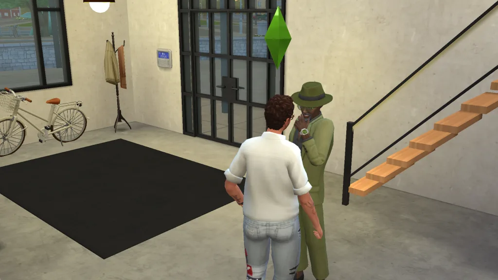 Two Sims flirt in Nordhaaven, right next to the front door. It's an industrial room with a bike in the background.