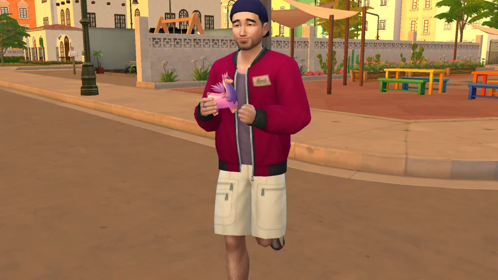 A Sim running along across a road holding a toy pegasus llama in The Sims 4: Lovestruck. He's in Ciudad Enamorada, in an urban area surrounded by colourful furniture and cream walls.