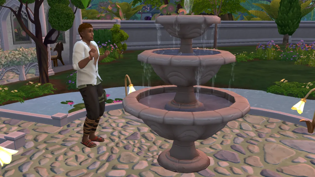 Oberon Summerdream in The Sims 4 gleefully making a wish as he tosses a coin into a fountain. He's at Puckitt Hall in Enchanted By Nature.