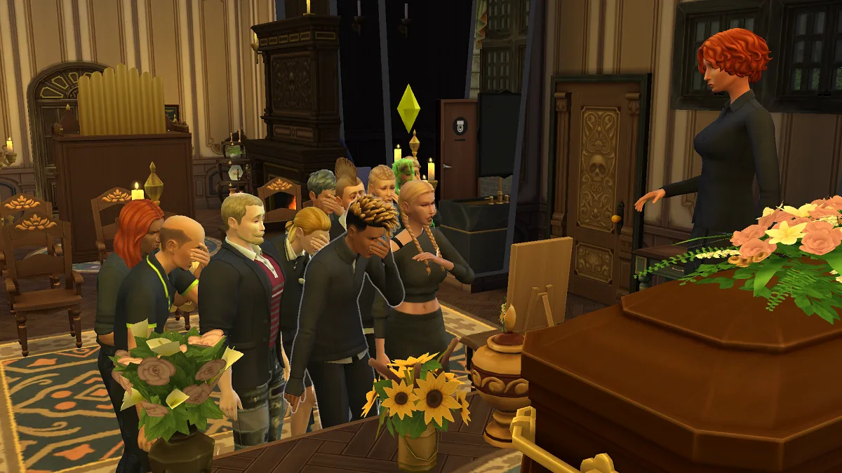 A group of Sims at a funeral in the graveyard in Ravenwood in The Sims 4: Life & Death. They're all dressed in black and orange, crying loudly.
