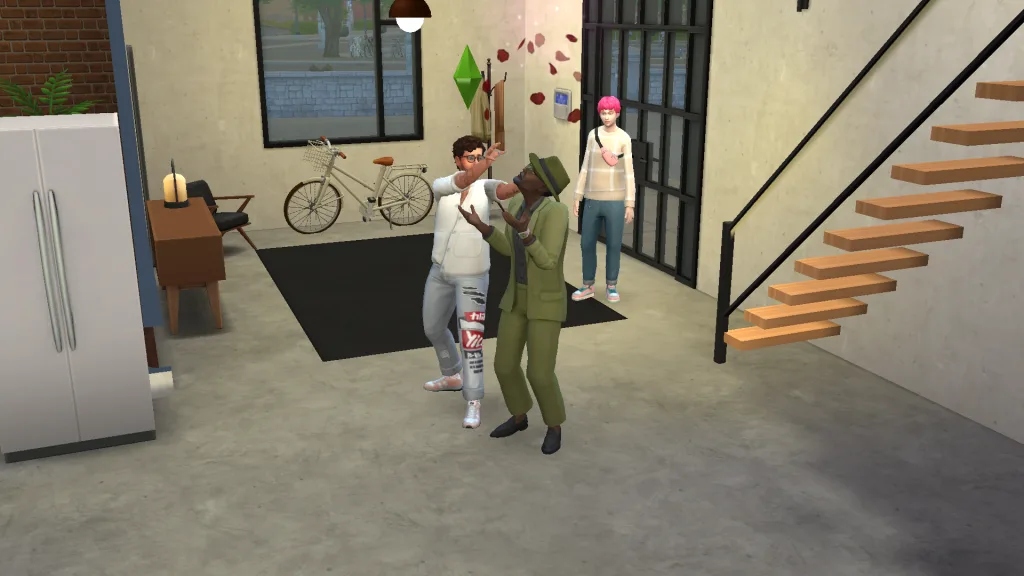 Two Sims partaking in a romantic introduction, where one Sim is throwing rose petals over another. They're in Nordhaaven.