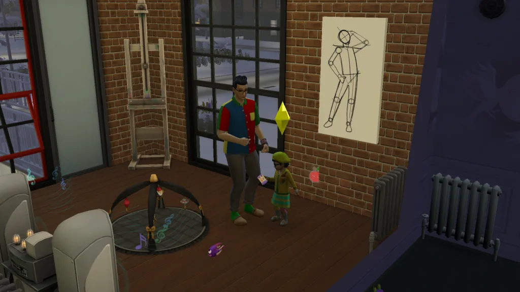 An Adult Sim dances with his Toddler daughter to a speaker while imaginary shapes float around them. It's an artist studio with an easel, arts equipment, and infant items everywhere.