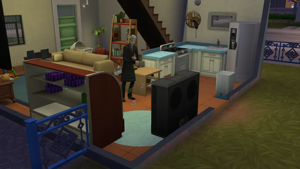 Vlad, a pale vampire Sim, dancing to a stereo in The Sims 4. It's a starter home in Ciudad Enamorada, filled with children's items.