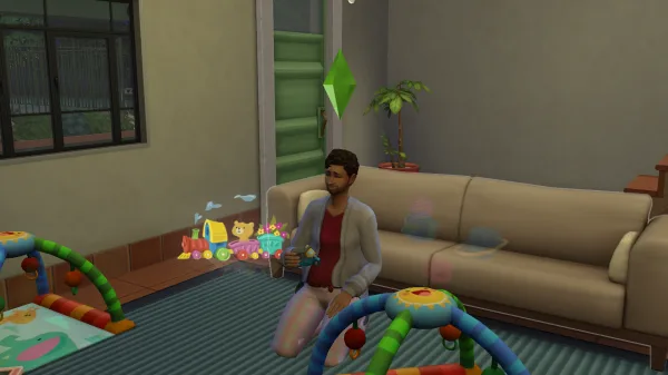 A Sim playing with toys on the ground in a neutral toned flat, showing thoughts around his head and toddler toys on the ground.