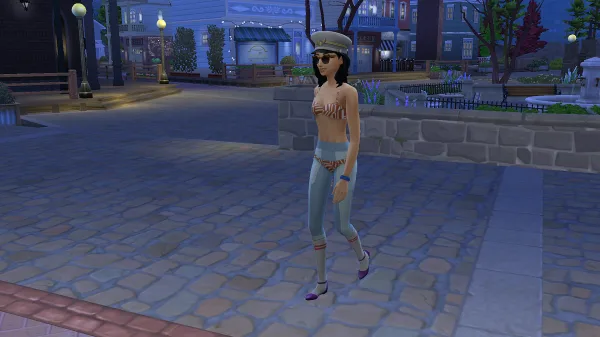 A Young Adult Feng walking around in a bikini, leggings, socks, heels, aviators, and a military cap in The Sims 4.