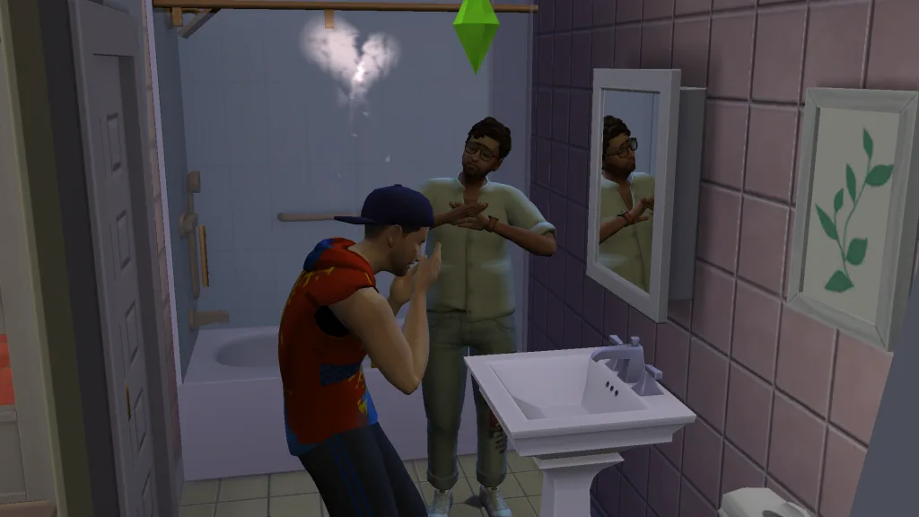 Two Sims break up in a pink tiled bathroom, a broken heart symbol floating above one of their heads. It's in The Sims 4.