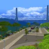 A wife shot of San Sequoia in The Sims 4 showing a bridge cars and trees.