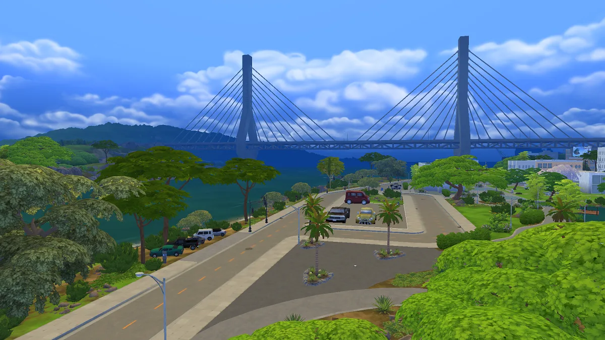 A wife shot of San Sequoia in The Sims 4 showing a bridge cars and trees.