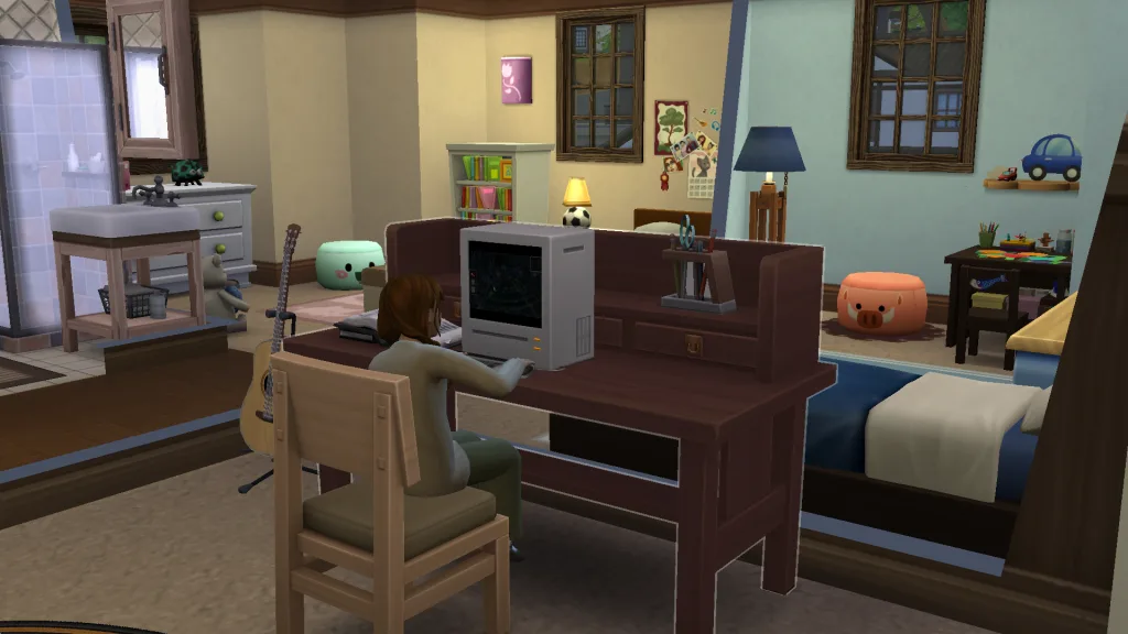 A Child Sim playing on a PC in her bedroom in the Akiyama household. It's in The Sims 4: Snowy Escape, and there's loads of children's items lying around in the back.