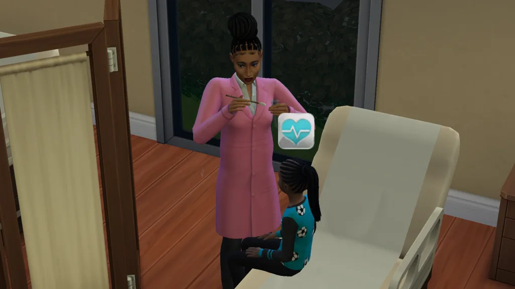 A doctor Sim is treating a child Sim in the hospital in Willow Creek. She's wearing a pink lab coat. They're in The Sims 4: Get To Work.