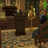 Geoffrey Landgraabb's funeral in The Sims 4: Life & Death, showing several Sims mourning in the chapel while one gives a euology.