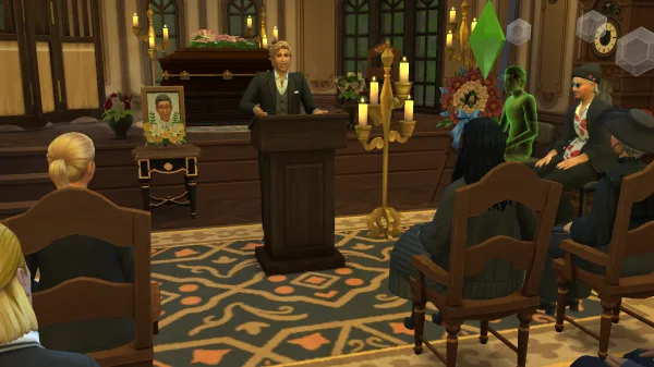 Geoffrey Landgraabb's funeral in The Sims 4: Life & Death, showing several Sims mourning in the chapel while one gives a euology.
