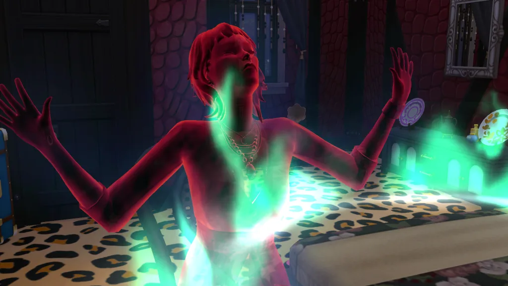 Temperance, a red ghost Sim, holding a seance in The Sims 4. She's a red ghost with green flames around her.