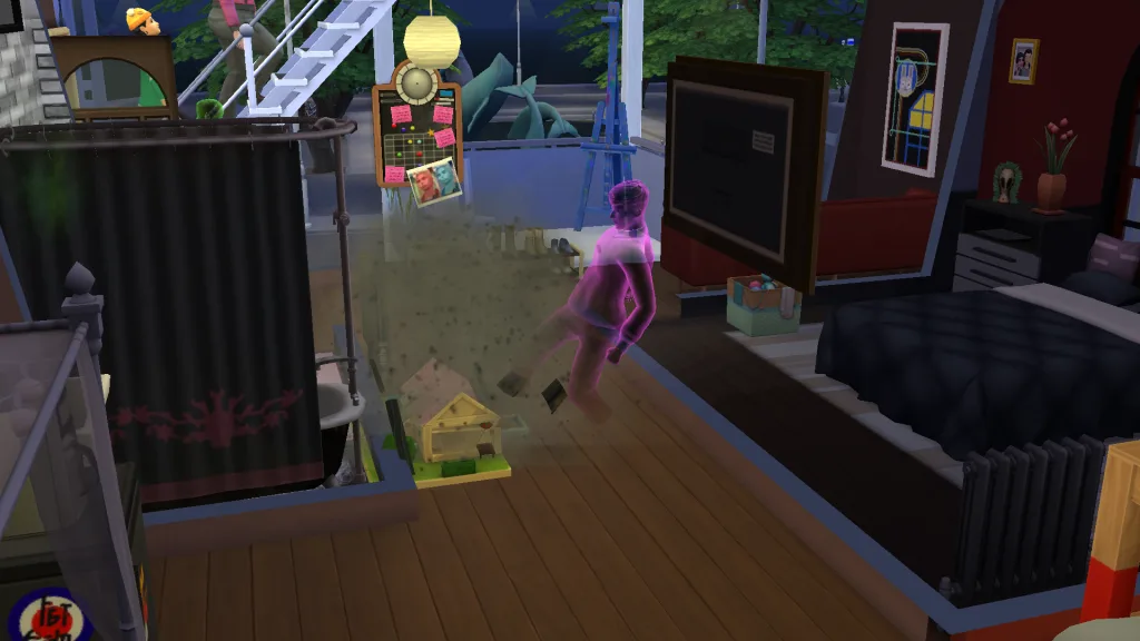 A purple ghost Sim smashing up a dollhouse in The Sims 4 in a cluttered, dark red apartment. Clouds of dust float around the dollhouse.