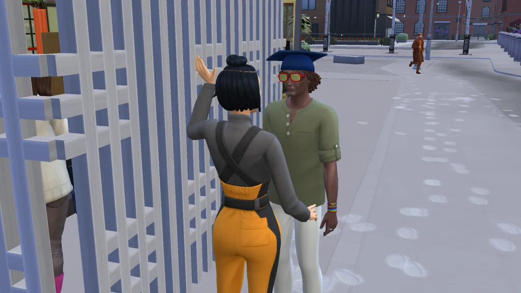 A Feng Young Adult waves to another Young Adult. She's wearing snow overalls and has a top knot, while the other Sim has a graduation cap, grandad shirt, many rainbow bangles, and novelty glasses on.