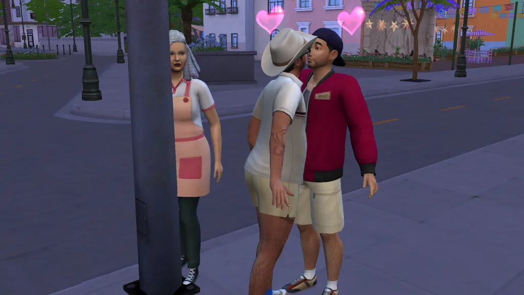 Two Sims kiss with a heart over their head in Ciudad Enamorada. Another Sim looks at them while she walks into a lamppost. It's dusk.