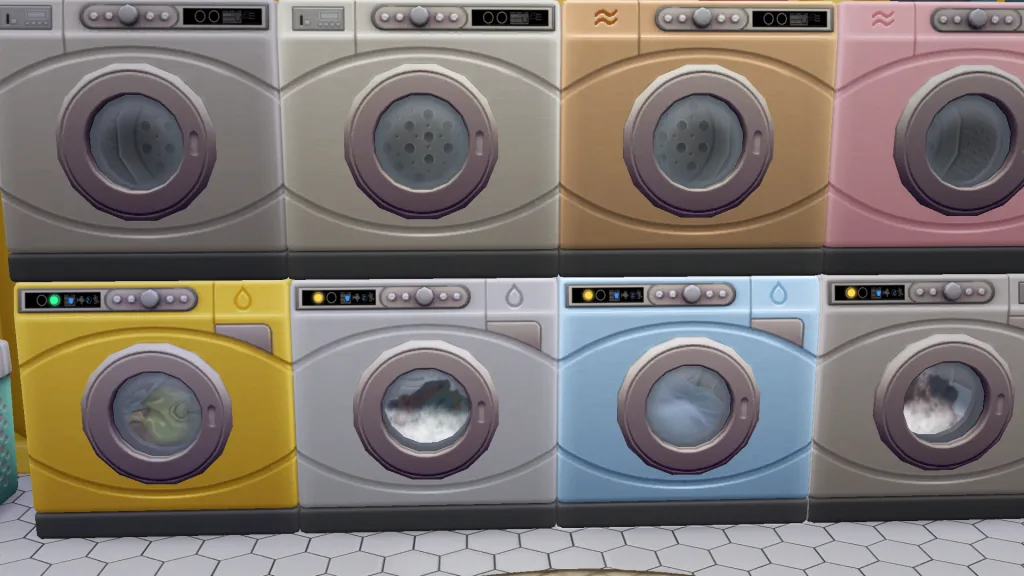 A wall of eight washer/dryers in The Sims 4 all in different colours. Some have clothes washing around in them.