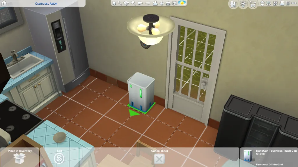 A money trash can in The Sims 4 in Ciudad Enomarada, alongside some expensive Shmapple appliances and a large stereo.