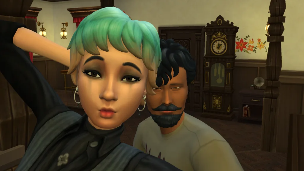 Two Sims take a selfie while pouting and posing with lots of wood furniture in the back. They're both wearing gothic clothes and they're in Ravenwood.