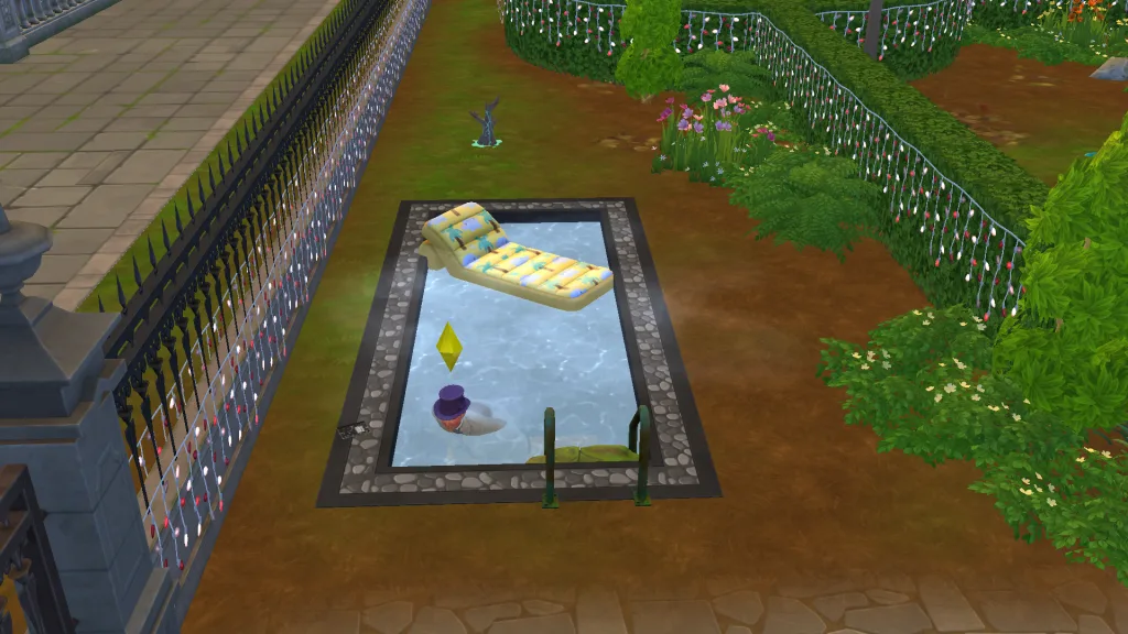 An undertaker Swim swimming in her full uniform in a pool with a floaty behind her. A cursed hand appears in the ground.