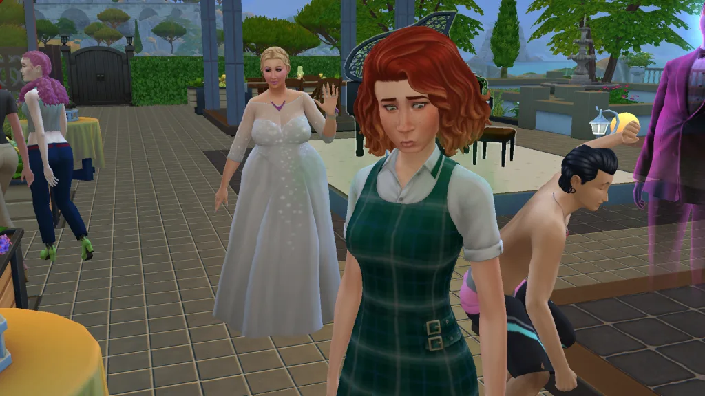 A wedding in The Sims 4 with loads of Sims wearing bad outfits: A faba Young Adult is walking around in heels and a crop top, a bridge is wearing an ugly gown and bad makeup, a Pancakes Young Adult is smelly in the foreground wearing a pinafore, and another Sim has a mullet and swimwear on while he dances.