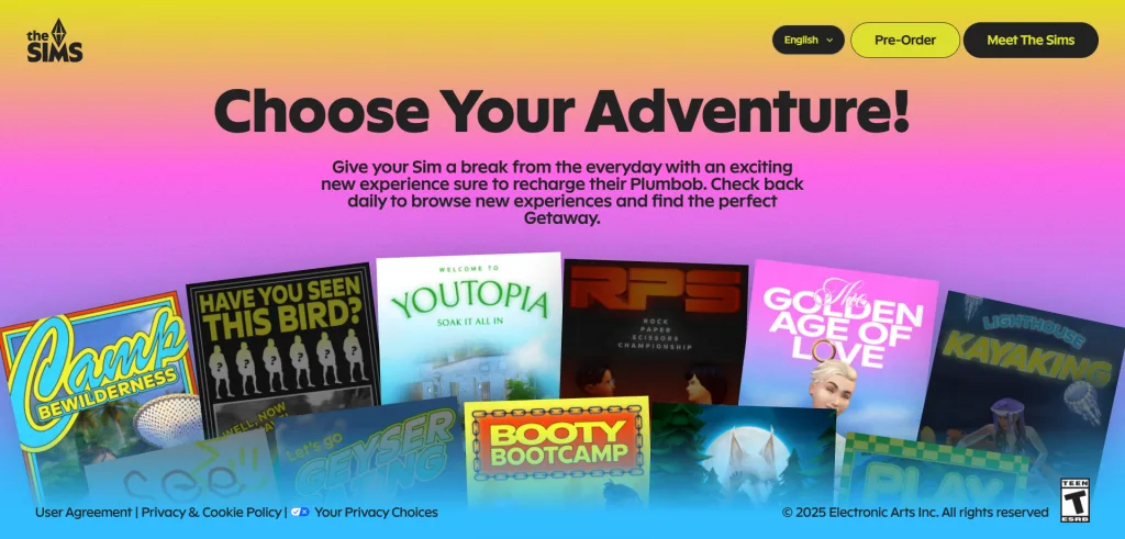 An overview of Sim Your Adventure .Com, a website promotoing The Sims 4: Adventure Awaits. It shows many brochures all piled up. Full alt text is in their website.